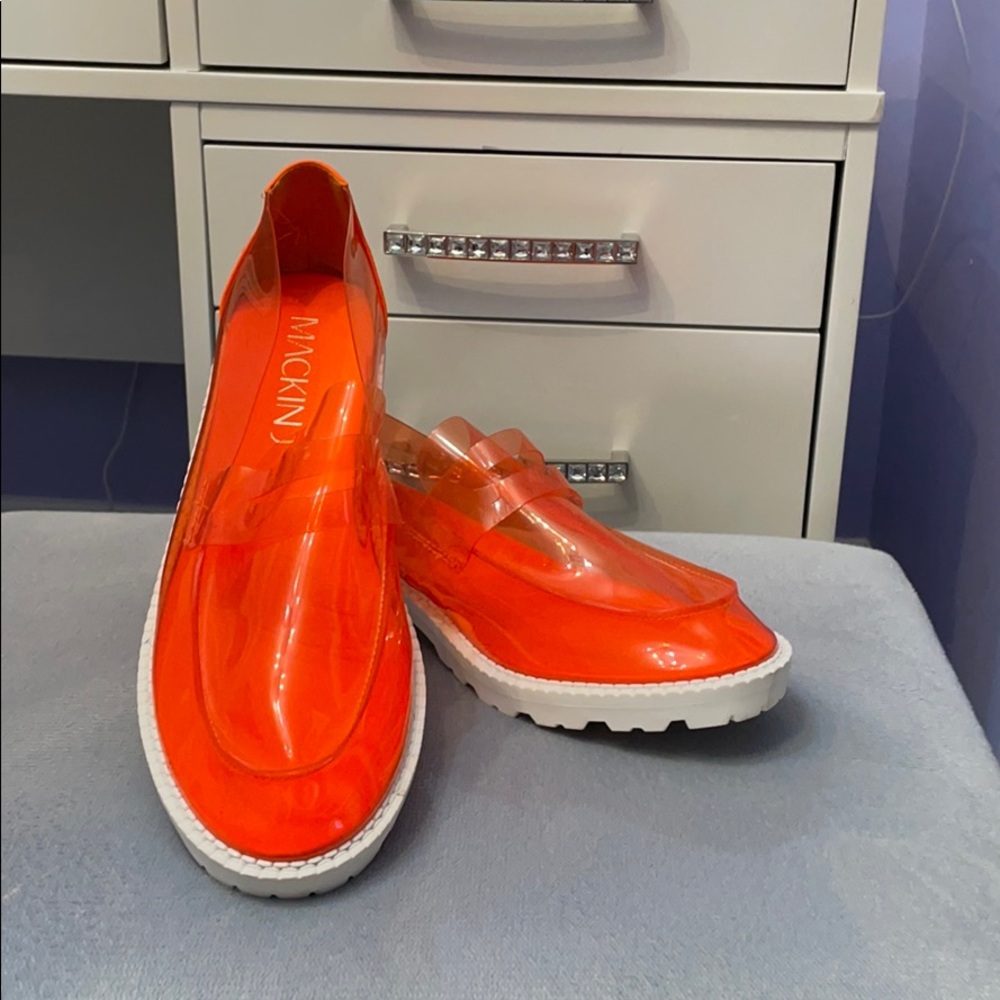 Clear, orange, heeled, loafers